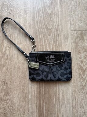 Coach Black Signature Logo Wristlet with Silver Hardware
